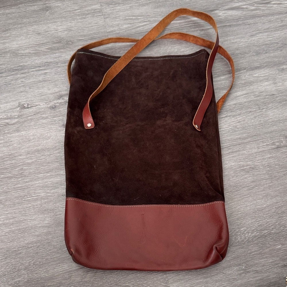 Handmade Suede and Leather Brown and Burgundy Fold Over Slouchy Bucket Bag - Picture 2 of 14